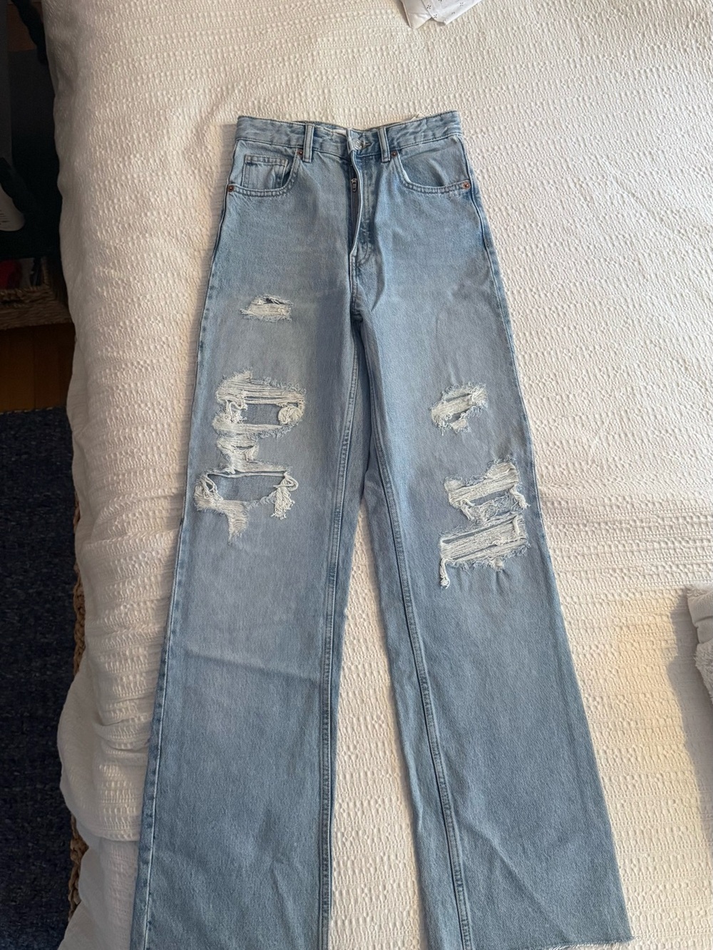 Zara Light Wash Distressed Wide-Leg Jean